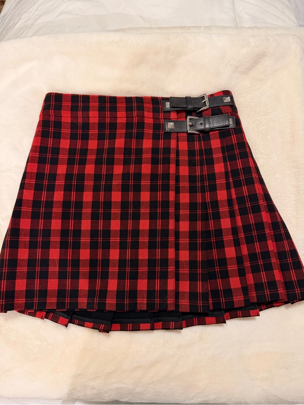 Michael Kors Red Plaid Mini Skirt with Buckle Detail